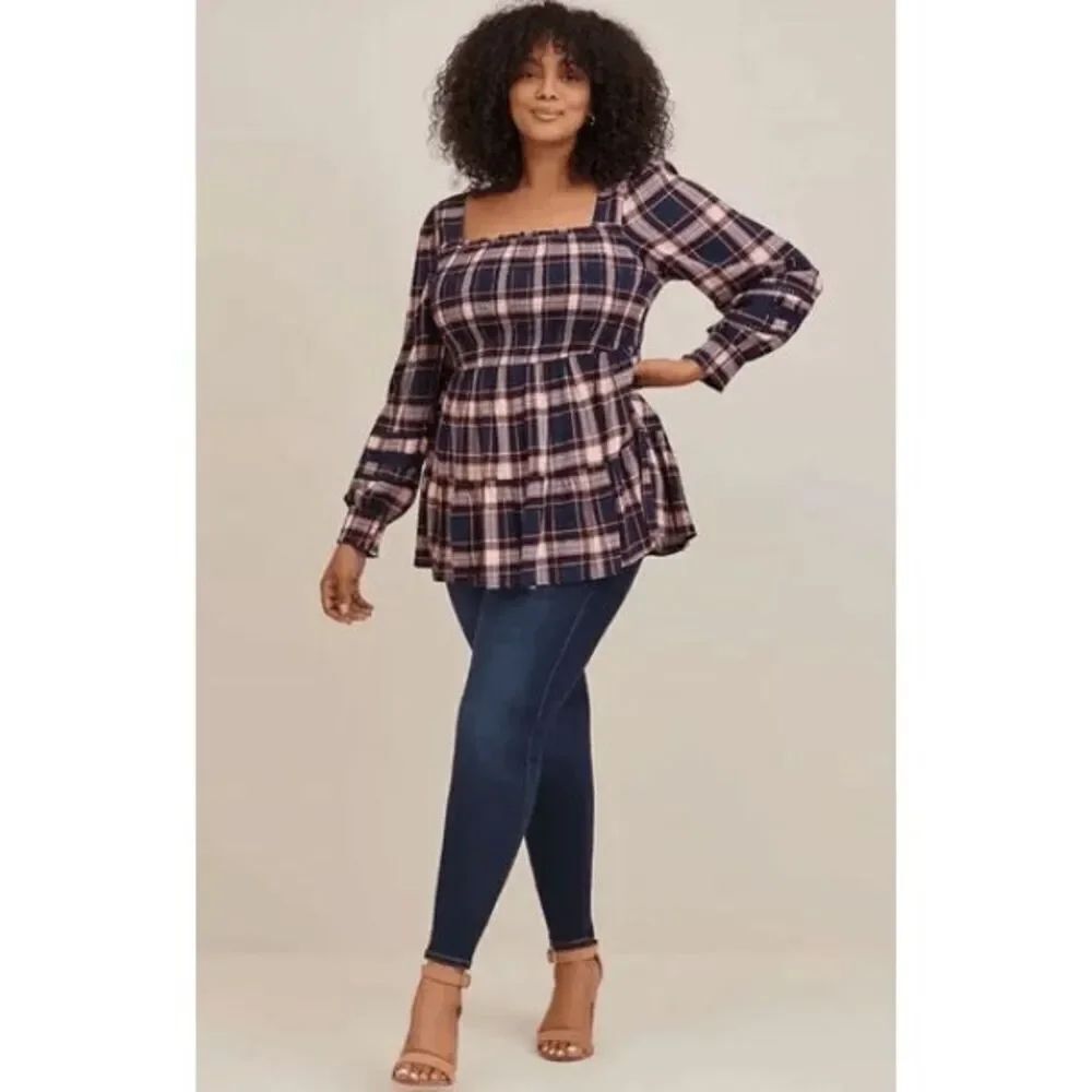Torrid NWT size 3X Navy Plaid LS Lenny Smocked Babydoll Top